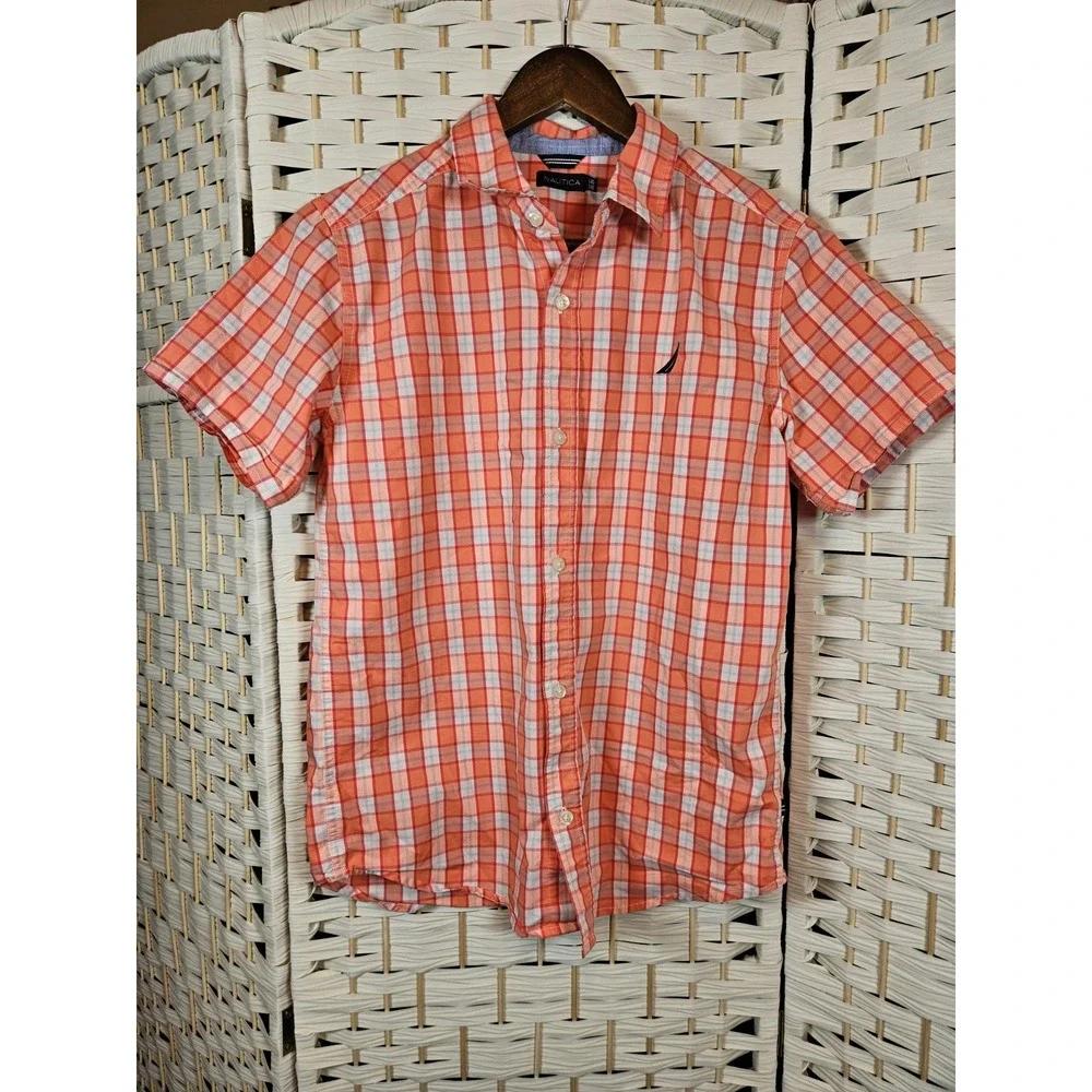 Nautica Boys Short Sleeve Button Up Shirt Orange & White Check L (14-16) Preppy